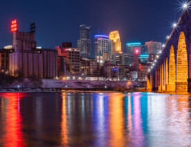 Downtown Minneapolis as seen from below the Stone Arch Bridge.