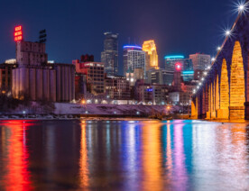 Downtown Minneapolis as seen from below the Stone Arch Bridge.