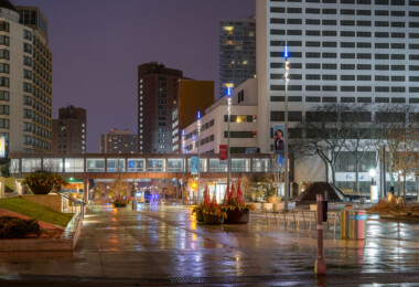 Nicollet Mall in Downtown Minneapolis on a rainy night during early days of COVID-19 outbreak. Nicollet Mall in Downtown Minneapolis on a rainy night during early days of COVID-19 outbreak.