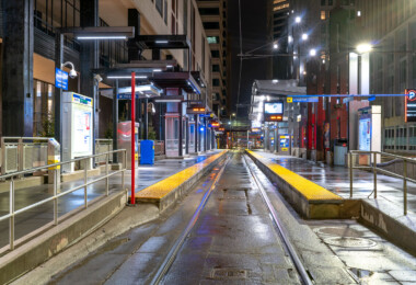 Nicollet Mall Light Rail Station on a rainy night in Downtown Minneapolis during Minnesota’s Stay At Home orders. Nicollet Mall Light Rail Station on a rainy night in Downtown Minneapolis during Minnesota’s Stay At Home orders.