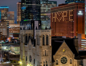 Hilton Hotel in Downtown Minneapolis lit up with a HOPE heart. Seen during the coronavirus (COVID-19) outbreak shutdowns.