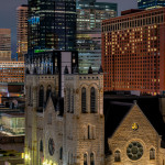 Hilton Hotel in Downtrown Minneapolis lit up with a HOPE heart. Seen during the coronavirus (COVID-19) outbreak city shutdown.