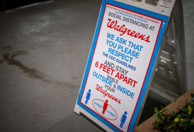 Social distancing signage outside a Walgreens store in Minneapolis during COVID-19 closures. Social distancing signage outside a Walgreens store in Minneapolis during COVID-19 closures.