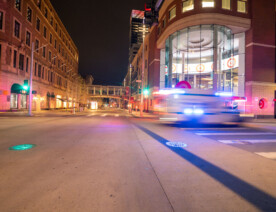 An ambulance in downtown Minneapolis on May 5th, 2020.
