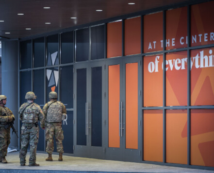 The National Guard patrol Nicollet Mall in Downtown Minneapolis prior to a 10pm curfew during unrest over the killing of George Floyd. The National Guard patrol Nicollet Mall in Downtown Minneapolis prior to a 10pm curfew during unrest over the killing of George Floyd.