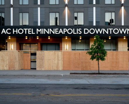 The AC Hotel in Downtown Minneapolis hours before a 10pm curfew goes into effect. The curfew was put into place over unrest over the killing of George Floyd on May 25th while in custody of the Minneapolis Police. The AC Hotel in Downtown Minneapolis hours before a 10pm curfew goes into effect. The curfew was put into place over unrest over the killing of George Floyd on May 25th while in custody of the Minneapolis Police.