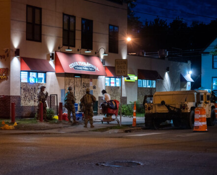 National Guard outside of Cedar Food & Grill in South Minneapolis. The National Guard was deployed following unrest over the May 25th death of George Floyd. National Guard outside of Cedar Food & Grill in South Minneapolis. The National Guard was deployed following unrest over the May 25th death of George Floyd.