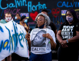 Mae Roberts, the mother of Calvin Horton speaks outside Cadillac Pawn on what would have been his 44th birthday. Calvin Horton Jr. was killed on May 27th by the owner of the pawn shop during the unrest in Minneapolis over the death of George Floyd.