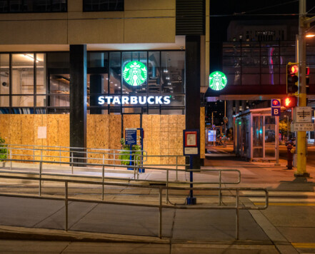 Starbucks located at 450 S Marquette Ave. in Downtown Minneapolis. Boards are due to unrest in Minneapolis. Starbucks located at 450 S Marquette Ave. in Downtown Minneapolis. Boards are due to unrest in Minneapolis.
