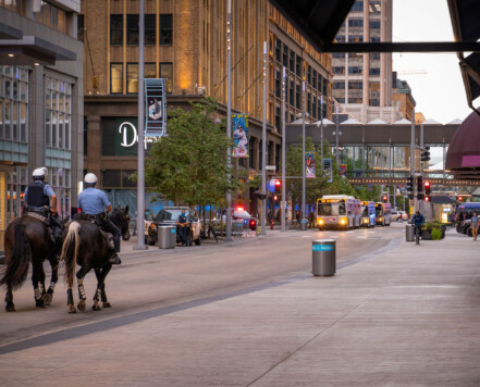 Police on horses with squads parked at each intersection patrolling Nicollet Mall in downtown Minneapolis. Police on horses with squads parked at each intersection patrolling Nicollet Mall in downtown Minneapolis.