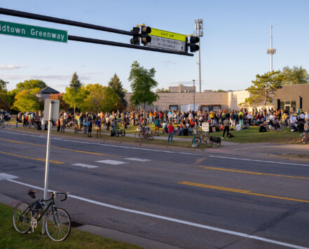 Protesters gather at a "Block Party to Block the Preinct" protest to bring awareness and block a potential lease of a new building for the third precinct that burned down. Hours earlier the city announced the plan was scratched when the landlord decided not to lease his building for police use. Protesters gather at a "Block Party to Block the Preinct" protest to bring awareness and block a potential lease of a new building for the third precinct that burned down. Hours earlier the city announced the plan was scratched when the landlord decided not to lease his building for police use.