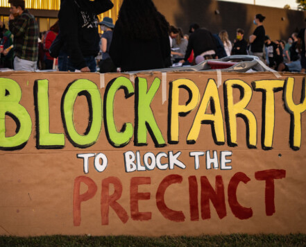 Protesters gather at a "Block Party to Block the Preinct" protest to bring awareness and block a potential lease of a new building for the third precinct that burned down. Hours earlier the city announced the plan was scratched when the landlord decided not to lease his building for police use. Protesters gather at a "Block Party to Block the Preinct" protest to bring awareness and block a potential lease of a new building for the third precinct that burned down. Hours earlier the city announced the plan was scratched when the landlord decided not to lease his building for police use.