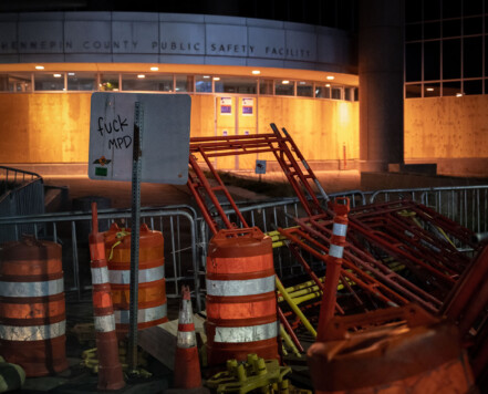 Barricades outside the Hennepin Count Public Safety Facility. Barricades outside the Hennepin Count Public Safety Facility.