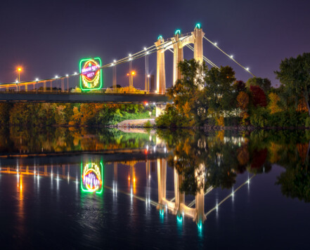 A fall evening in downtown Minneapolis. Hennepin Bridge over the Mississippi River. A fall evening in downtown Minneapolis. Hennepin Bridge over the Mississippi River.