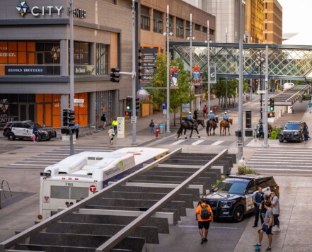 Minneapolis Police on foot, vehicle and on horses patrolling Nicollet Mall in Downtown Minneapolis. Minneapolis Police on foot, vehicle and on horses patrolling Nicollet Mall in Downtown Minneapolis.
