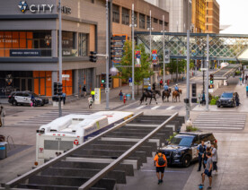 Minneapolis Police on foot, vehicle and on horses patrolling Nicollet Mall in Downtown Minneapolis.