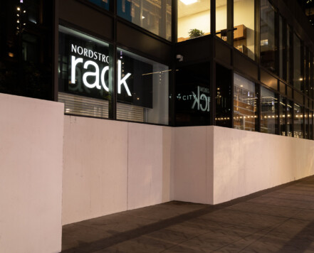 Nordstrom Rack store in the IDS Center in downtown Minneapolis. The store remains boraded after unrest and looting that took place in August 2020. The boards have recently been painted white. Nordstrom Rack store in the IDS Center in downtown Minneapolis. The store remains boraded after unrest and looting that took place in August 2020. The boards have recently been painted white.