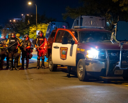 Minnesota State Patrol arrive to arrest protesters gathering at the Minneapolis Police 5th precinct after Derek Chauvin was released on bail. Minnesota State Patrol arrive to arrest protesters gathering at the Minneapolis Police 5th precinct after Derek Chauvin was released on bail.