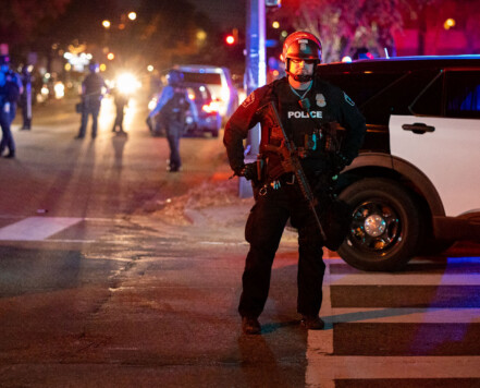 Minneapolis Police, Park Police and Hennepin County Sheriffs officers arrest 14 after marching through Uptown on election night. Minneapolis Police, Park Police and Hennepin County Sheriffs officers arrest 14 after marching through Uptown on election night.