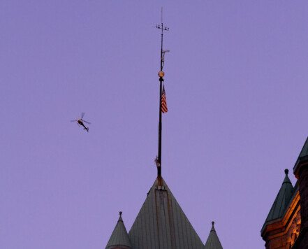 A news helicopter hovers over a planned protest in downtown Minneapolis. A news helicopter hovers over a planned protest in downtown Minneapolis.