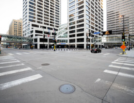 Boards on US Bank Plaza during the Derek Chauvin murder trial in 2021.