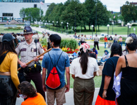 Outside the Minnesota State Capitol today where around a hundred were still holding space in protest against the nearing completion Line 3 pipeline after their permitted event expired. Minnesota Department of Public Safety told the Star Tribune they made 4 arrests.