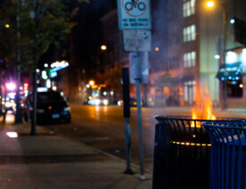 Fire in a garbage can in Uptown Minneapolis the day after election night.
