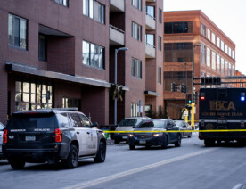 Outside Bolero Flats on Marquette Ave in Minneapolis where an officer shot and killed a man on the 7th floor. Interim Minneapolis police chief Amelia Huffman says 9 seconds after making entry to the apartment 1 officer shot the victim who was holding a gun in his hand.