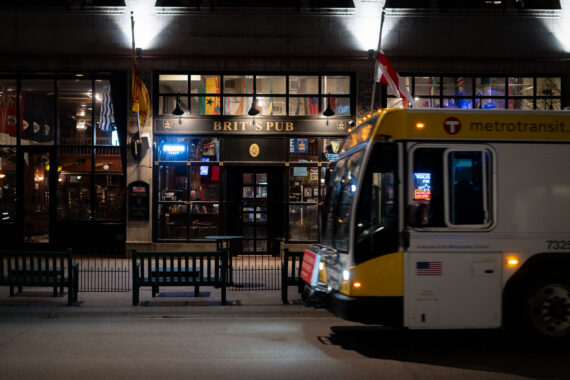 Metro Transit bus outside of Brit's Pub on Nicollet Mall in downtown Minneapolis. Metro Transit bus outside of Brit's Pub on Nicollet Mall in downtown Minneapolis.