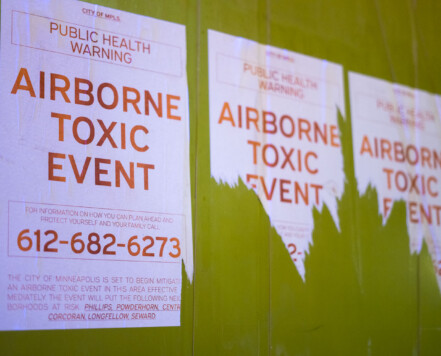 A flyer in Minneapolis that leads people to call a phone line with a recorded message regarding the demolition of the Roof Depot building. A flyer in Minneapolis that leads people to call a phone line with a recorded message regarding the demolition of the Roof Depot building.