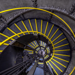 Looking down a staircase in the the Clapham North World War II air raid shelter in London Looking down a staircase in the the Clapham North World War II air raid shelter in London