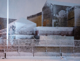 A snow covered Minneapolis police third precinct. The precinct has been vacant since it was burned during May 2020 riots over the murder of George Floyd.