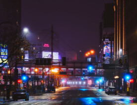 North 1st Avenue in Downtown Minneapolis on a foggy warm January night in 2024.