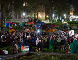 The anti-war protest encampment at the University of Minnesota in Minneapolis on May 1st, 2024. At the same time, some protesters were continuing to talk with school officials regarding their demands. Shortly after 10pm the school sent out a message that an initial agreement had been reached. Tents were removed on May 2nd.This is the second encampment at the university following the police clearing and arresting 9 protesters last week. Among the protesters demands are that the school “divest from all companies complicit in war crimes and human rights violations.