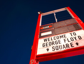 "Welcome to George Floyd Square" on the former Speedway Gas sign at 38th and Chicago Ave. The area has been a protest zone since the May 25th, 2020 murder of George Floyd by the Minneapolis Police.