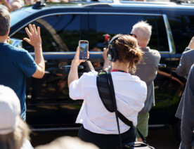 Outside the Eastcliff mansion in St. Paul this morning as Gov Tim Walz prepared to walk out for the first time after being picked as Kamala Harris's VP. Leaving out the back door, he got in a State Patrol SUV to the airport. He'll have Secret Service protection when he lands.