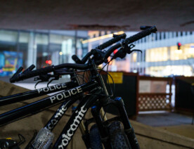 A Volcanic Bike brand "Patrol Bike" parked outside a downtown Minneapolis bar and grill. The bikes are used by the Minneapolis Police Department.