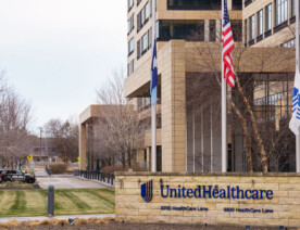 Police outside the corporate headquarters of UnitedHealthcare in Minnetonka, Minnesota on December 8, 2024. The insurance company’s CEO Brian Thompson was killed on December 4th, 2024 in New York City. The man who was shown on a security camera shooting Thompson has not yet been identified or arrested.