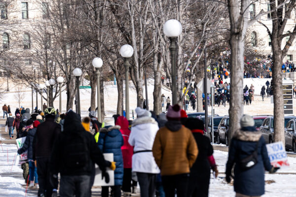 Protesters arriving at the Minnesota State Capitol on February 5, 2025. They come to protest Project 2025, Donald Trump and Elon Musk. Protesters arriving at the Minnesota State Capitol on February 5, 2025. They come to protest Project 2025, Donald Trump and Elon Musk.