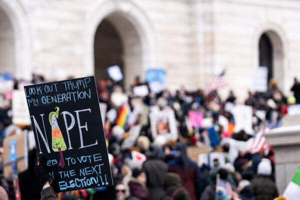 Protester at the Minnesota State Capitol on February 5, 2025 with a sign reading "Look out trump my generation nope gets to vote in the next election!". Those gathered were protesting the Trump administration and Elon Musk Protester at the Minnesota State Capitol on February 5, 2025 with a sign reading "Look out trump my generation nope gets to vote in the next election!". Those gathered were protesting the Trump administration and Elon Musk
