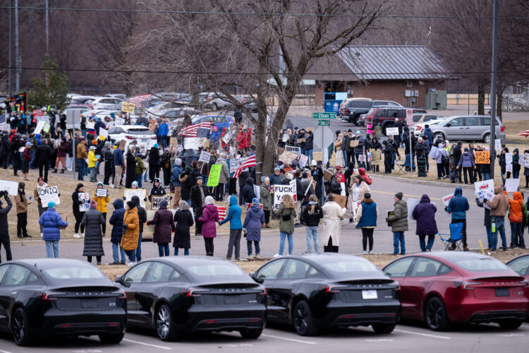 About 500 protesters outside Tesla in Minneapolis (Golden Valley) with signs reading “NOT PAID JUST PISSED”, “Tesla Funds Fascists”, “Save the VA”, “No Vet Left Behind”, Make Nazis Afraid Again” to name a few. This is the 7th weekend in a row of protests at this showroom. About 500 protesters outside Tesla in Minneapolis (Golden Valley) with signs reading “NOT PAID JUST PISSED”, “Tesla Funds Fascists”, “Save the VA”, “No Vet Left Behind”, Make Nazis Afraid Again” to name a few. This is the 7th weekend in a row of protests at this showroom.
