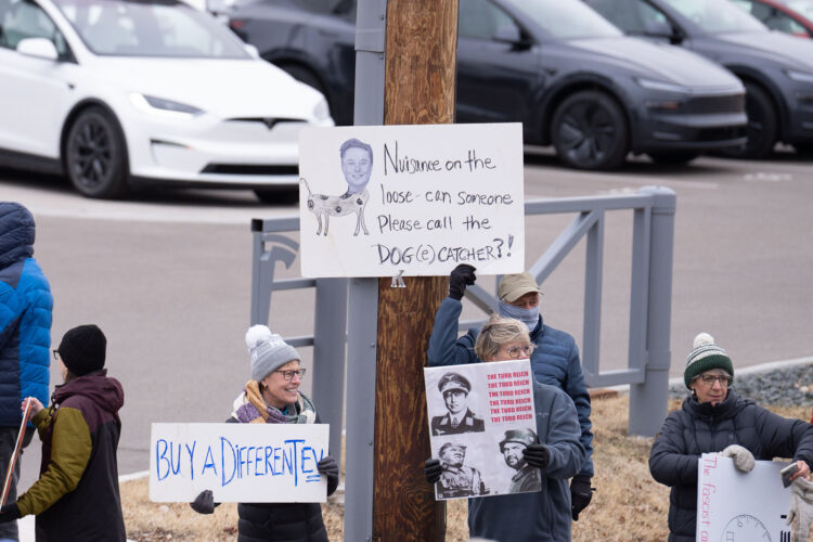 About 500 protesters outside Tesla in Minneapolis (Golden Valley) with signs reading “NOT PAID JUST PISSED”, “Tesla Funds Fascists”, “Save the VA”, “No Vet Left Behind”, Make Nazis Afraid Again” to name a few. This is the 7th weekend in a row of protests at this showroom. About 500 protesters outside Tesla in Minneapolis (Golden Valley) with signs reading “NOT PAID JUST PISSED”, “Tesla Funds Fascists”, “Save the VA”, “No Vet Left Behind”, Make Nazis Afraid Again” to name a few. This is the 7th weekend in a row of protests at this showroom.