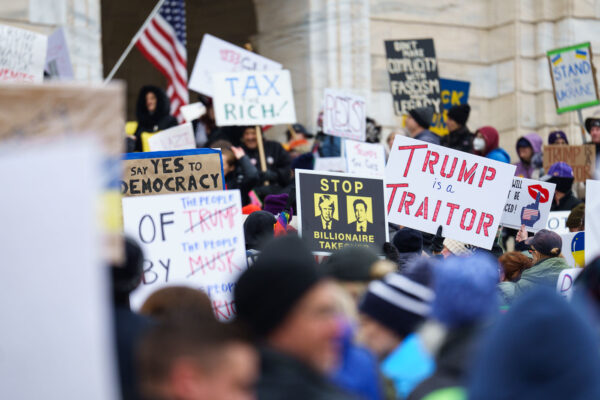 Protesters at the Minnesota State Capitol in St. Paul, Minnesota on March 4, 2025.  Taking place on the afternoon of President Trump’s first address to joint session in congress, they are protesting the actions of the Trump Administration and Elon Musk’s involvement. The protest was organized as part of the “50501” protests taking place around the country. This is the first of two planned protests this week. Another is planned for Saturday at the State Capitol. Protesters at the Minnesota State Capitol in St. Paul, Minnesota on March 4, 2025.  Taking place on the afternoon of President Trump’s first address to joint session in congress, they are protesting the actions of the Trump Administration and Elon Musk’s involvement. The protest was organized as part of the “50501” protests taking place around the country. This is the first of two planned protests this week. Another is planned for Saturday at the State Capitol.