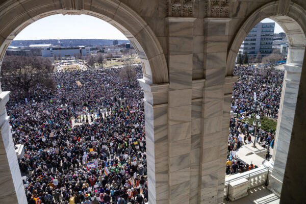 The Minnesota State Patrol estimates 25,000 gathered at the Minnesota State Capitol this afternoon as part of the nationwide “Hands Off!” protests. The Minnesota State Patrol estimates 25,000 gathered at the Minnesota State Capitol this afternoon as part of the nationwide “Hands Off!” protests.