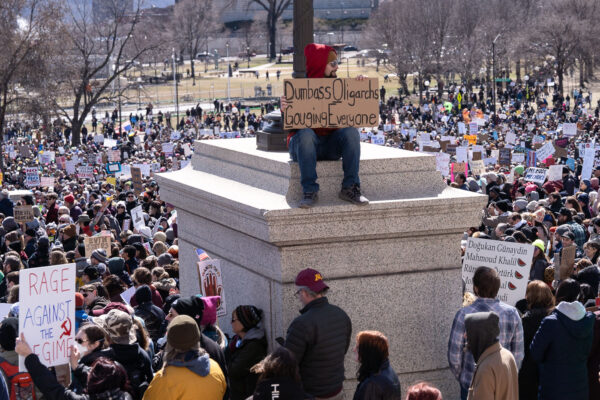 "Dumbass Oligarchs Gouging Everyone" protest sign. The Minnesota State Patrol estimates 25,000 gathered at the Minnesota State Capitol this afternoon as part of the nationwide “Hands Off!” protests. "Dumbass Oligarchs Gouging Everyone" protest sign. The Minnesota State Patrol estimates 25,000 gathered at the Minnesota State Capitol this afternoon as part of the nationwide “Hands Off!” protests.