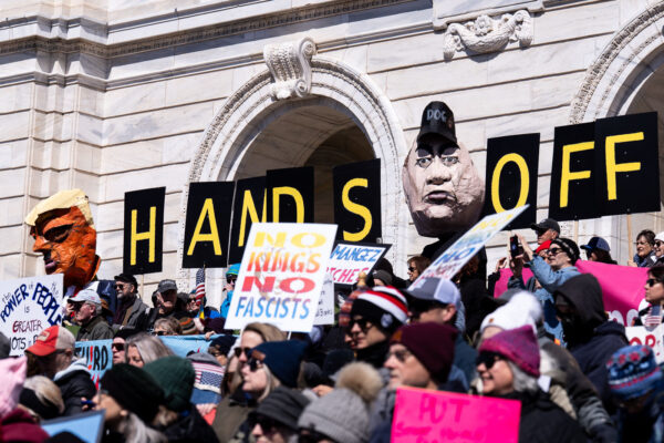 "No Kings No Fascists" protest signs in Minnesota.The Minnesota State Patrol estimates 25,000 gathered at the Minnesota State Capitol this afternoon as part of the nationwide “Hands Off!” protests. "No Kings No Fascists" protest signs in Minnesota.The Minnesota State Patrol estimates 25,000 gathered at the Minnesota State Capitol this afternoon as part of the nationwide “Hands Off!” protests.