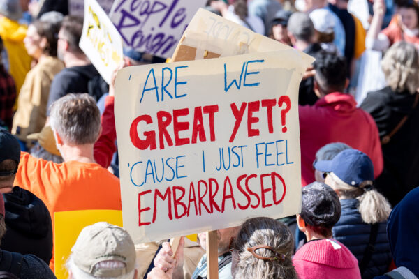 "Are we great yet? Cause I just feel embarassed" protest sign.Thousands protest in Downtown Minneapolis on Saturday October 18, 2025 as part of nationwide “No Kings!” protest. "Are we great yet? Cause I just feel embarassed" protest sign.Thousands protest in Downtown Minneapolis on Saturday October 18, 2025 as part of nationwide “No Kings!” protest.