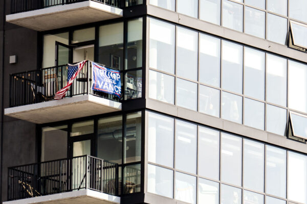 This was the only "counter protester" i saw today at No Kings Minneapolis. Someone hanging an American Flag and a "2024 Trump Vance" flag from their 15-20th floor condo across from US Bank Stadium.Thousands protest in Downtown Minneapolis on Saturday October 18, 2025 as part of nationwide “No Kings!” protest. This was the only "counter protester" i saw today at No Kings Minneapolis. Someone hanging an American Flag and a "2024 Trump Vance" flag from their 15-20th floor condo across from US Bank Stadium.Thousands protest in Downtown Minneapolis on Saturday October 18, 2025 as part of nationwide “No Kings!” protest.