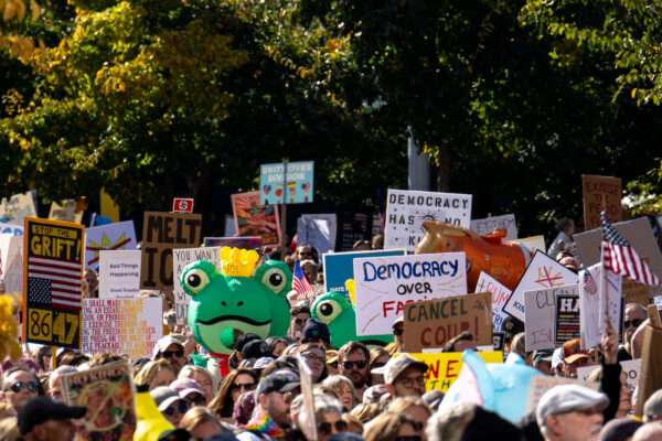 Inflatable frog costume in the crowd of protesters.Thousands protest in Downtown Minneapolis on Saturday October 18, 2025 as part of nationwide “No Kings!” protest. Inflatable frog costume in the crowd of protesters.Thousands protest in Downtown Minneapolis on Saturday October 18, 2025 as part of nationwide “No Kings!” protest.