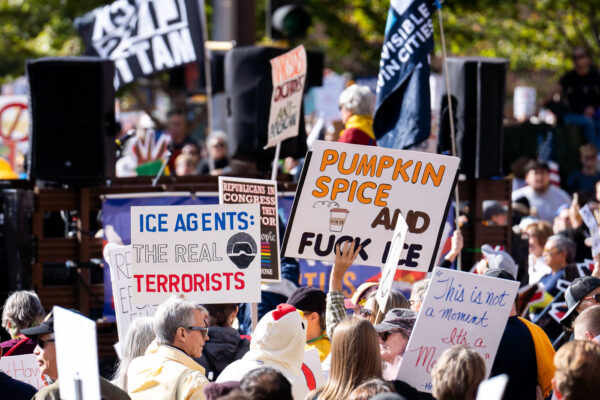 Protest signs in Minneapolis that read "Pumpkin Spice and Fuck Ice""Ice Agents: The Real Terrorists".Thousands protest in Downtown Minneapolis on Saturday October 18, 2025 as part of nationwide “No Kings!” protest. Organizers say 100,000 attended. Protest signs in Minneapolis that read "Pumpkin Spice and Fuck Ice""Ice Agents: The Real Terrorists".Thousands protest in Downtown Minneapolis on Saturday October 18, 2025 as part of nationwide “No Kings!” protest. Organizers say 100,000 attended.